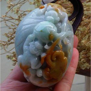 Big Certified Natural Green Yellow Burma A Jade jadeite Hand Player Monkey Peach